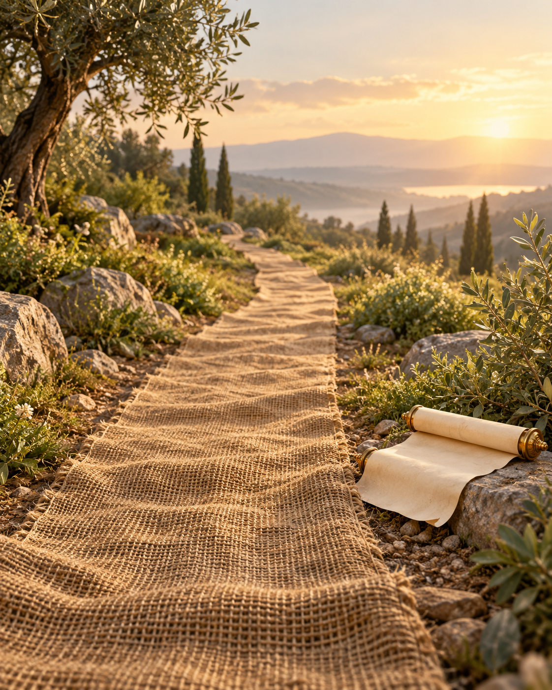 A woven sackcloth path with a small ivory scroll beside it in soft golden light